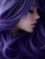 Side profile of Asian woman with flowing purple hair, closed eyes, and natural makeup showing serene expression against dark background.