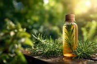 Rosemary essential oil bottle with fresh herbs on wooden surface in natural sunlight for aromatherapy and wellness applications.