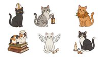 Young cat sitting with head tilted upward, striped tabby kitten holding vintage lantern, orange ginger cat standing alert, calico kittens stacked on books, white angelic cat with wings holding scroll, black and white cat surrounded by candles. Isolated clipart set ready for design projects, t-shirts, and creative applications.