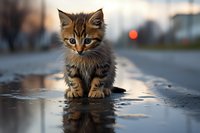 Adorable tabby kitten sitting on wet asphalt after rain, with reflection in puddle and blurred urban background with sunset bokeh lights, dramatic mood photography.