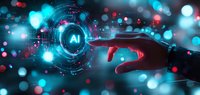 Silhouette of hand reaching towards glowing AI symbol with futuristic interface elements, surrounded by red and blue bokeh lights against dark background.