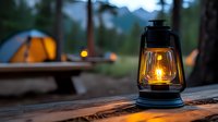 Glowing vintage oil lamp on wooden table at dusk, illuminated orange tent in blurred forest background creates cozy camping atmosphere in mountain wilderness.