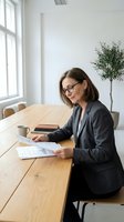 Middle-aged woman with brown hair wearing glasses and dark blazer reviews financial documents at wooden desk in bright office space with potted plant.