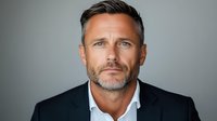 Confident mature Caucasian businessman with salt and pepper beard wearing black suit jacket and white shirt against gray background, professional corporate headshot style portrait.