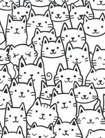 Cute cat faces pattern in black and white doodle style on white background. Seamless repeating design with kawaii kittens for fabric, wallpaper and wrapping paper.
