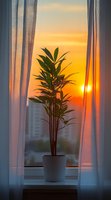 Potted houseplant silhouetted against golden sunset through window with flowing curtains creating warm atmospheric home interior scene for wellness and relaxation.