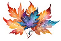 Vibrant watercolor autumn maple leaves in gradient colors from orange to blue create artistic composition perfect for seasonal designs and fall-themed projects on white background.