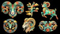 Colorful Chinese zodiac goat set with ornate rams, calligraphy symbol, and decorative elements, isolated on transparent background, ready for stickers, T-shirts, and print on demand.
