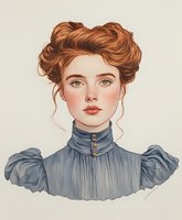 Young woman with auburn updo hairstyle and freckles wearing Victorian-style high-neck blue blouse with puff sleeves, illustrated in romantic vintage fashion style.