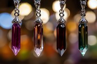Four colorful crystal pendant necklaces hanging in a row with warm bokeh lights creating an elegant jewelry display background for accessories.