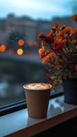 Cozy latte with heart pattern foam art on windowsill at dusk, orange chrysanthemums and bokeh lights creating atmospheric evening ambiance.