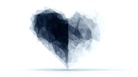 Abstract geometric heart shape in navy blue and light blue tones with transparent polygonal structure on white background.