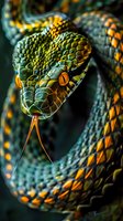 Macro shot of green pit viper snake head showing detailed scales, orange eyes, and extended tongue against dark background. Vibrant emerald and amber colors create dramatic effect.