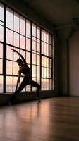 Young woman practicing yoga warrior pose in industrial loft studio with large windows during golden hour sunset creating dramatic silhouette and warm lighting atmosphere.