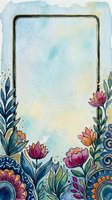 Watercolor floral frame with gold border, colorful flowers and mandala ornaments on soft blue background with copy space.