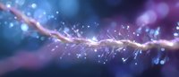 Glowing energy wave with sparkles and light particles on blurred blue background, abstract futuristic design element for technology concepts.