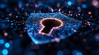 Glowing keyhole shape formed by luminous blue particles with bokeh effect on dark background, representing digital security and data protection concept.