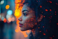 Young African American woman in profile view with glowing digital network pattern overlay against vibrant bokeh lights creating futuristic cyberpunk atmosphere.