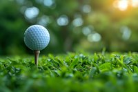 Golf ball on wooden tee in green grass with beautiful bokeh background and sunset light, perfect for sports marketing, golf club advertising and tournament promotion.