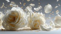 Elegant white roses with falling petals creating romantic atmosphere for wedding invitations, greeting cards and luxury branding designs.