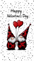 Cute gnome couple in red polka dot outfits holding heart balloons with Valentine's Day greeting, surrounded by dots on white background. Romantic holiday illustration.