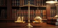 Golden scales of justice balancing AI technology and human brain in classic law library setting with leather-bound books and warm lighting.