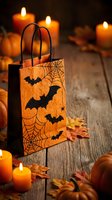 Halloween trick or treat bag with bat and spider web design surrounded by glowing candles and autumn leaves on rustic wooden background for seasonal celebrations.