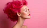 Profile of young woman with vibrant pink hair flowing upward against matching pink background, showcasing bold makeup and closed eyes for beauty industry use.