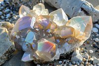 Iridescent crystal cluster with rainbow reflections on rocky beach surface creating magical prismatic light effects for spiritual and healing concepts.