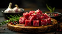 Fresh raw beef cubes on wooden cutting board with rosemary, garlic, and peppercorns against dark background, dramatic food photography style.