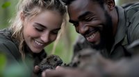 Young diverse couple, female with blonde hair and African American male, smiling while observing small wild rodent in natural outdoor setting. Close up portrait showing joy and curiosity.