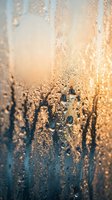 Water droplets and condensation on glass surface with warm golden light creating atmospheric bokeh effect for backgrounds and textures.