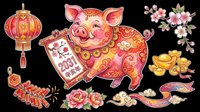 Cute pig with red and gold decorative elements, lantern, flowers, firecrackers, and gold coins isolated on transparent background. Ready for t-shirt design, stickers, clipart, print-on-demand, and sublimation projects.
