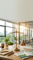 Golden scales of justice balancing green plant and wooden house blocks on modern office desk with sustainability reports and city view.