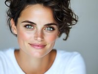 Young woman with bright green eyes, natural makeup, and curly dark hair smiling warmly at camera. Fresh-faced beauty portrait against soft gray background.