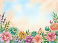 Watercolor floral border with roses, peonies, and lavender on soft pastel background. Isolated design element suitable for invitations, greeting cards, and decorative projects.
