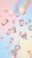 Holographic iridescent geometric crystal shapes floating in pastel pink and blue gradient background, dreamy glowing gems scattered in soft bokeh.