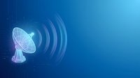 Glowing satellite dish transmitting digital signals with concentric waves on blue gradient background for telecommunications and technology concepts.