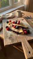 Thin golden crepes filled with berry jam, topped with fresh raspberries and blackberries on a rustic wooden board in warm morning light.