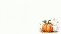Cute ghost character peeking behind orange pumpkin with autumn leaves on white background, isolated clipart for Halloween designs and seasonal projects.