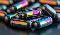 Iridescent rainbow capsule pills with black coating scattered on dark surface, macro pharmaceutical photography showing holographic metallic effect on medicine capsules.