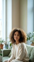 Young mixed-race woman with curly hair smiling in cozy living room with plants and natural light streaming through windows for lifestyle content.
