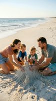 Happy family of four building sandcastle together on sunny beach during summer vacation creating memories with children playing in sand.