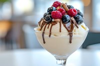 Creamy vanilla ice cream sundae topped with fresh raspberries, blueberries and drizzled chocolate sauce in elegant glass bowl against blurred background.