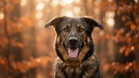 Happy German Shepherd dog portrait with tongue out in autumn forest with golden bokeh lights creating warm atmospheric background for pet photography.