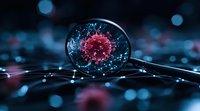 Magnifying glass revealing detailed red virus cell structure against dark background with network connections and bokeh lights. Scientific research concept.