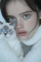Young Caucasian woman with blue eyes and freckles in white turtleneck sweater poses with matching blue-eyed Ragdoll cat, creating ethereal winter portrait.
