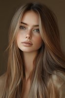 Close-up portrait of young woman with honey blonde hair, natural freckles, and green eyes against warm brown background. Perfect for beauty and skincare advertising.