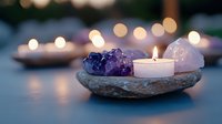 Glowing tea light candle on stone plate with amethyst and rose quartz crystals, creating peaceful meditation atmosphere against blurred bokeh background.