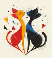 Stylized geometric cats in red, orange and black with abstract triangular elements on beige background. Modern minimalist art design for decoration and prints.